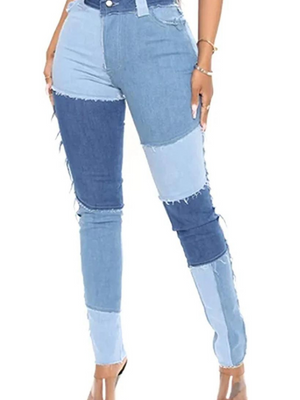 vanberfia Women Mid Waist Stretchy Patchwork Denim Pants Jeans